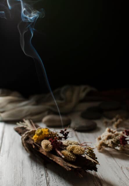 Concept spa a angle eleve avec bois plantes et fumee