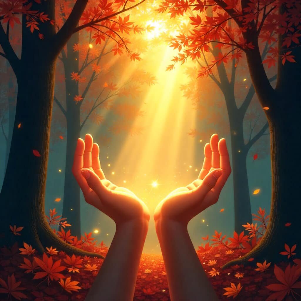 Des mains tendues vers le soleil filtrant à travers les arbres d'une forêt verdoyante