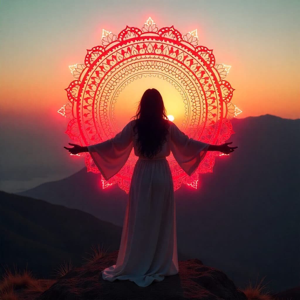 Femme debout au sommet d'une montagne, avec un soleil rouge se levant à l'horizon