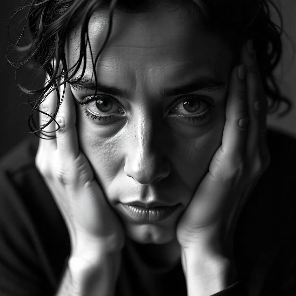 Photo en noir et blanc d'une femme avec les mains sur le visage, exprimant une émotion profonde