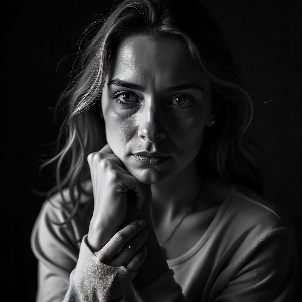 Portrait en noir et blanc d'une femme, mettant en valeur ses traits et son expression