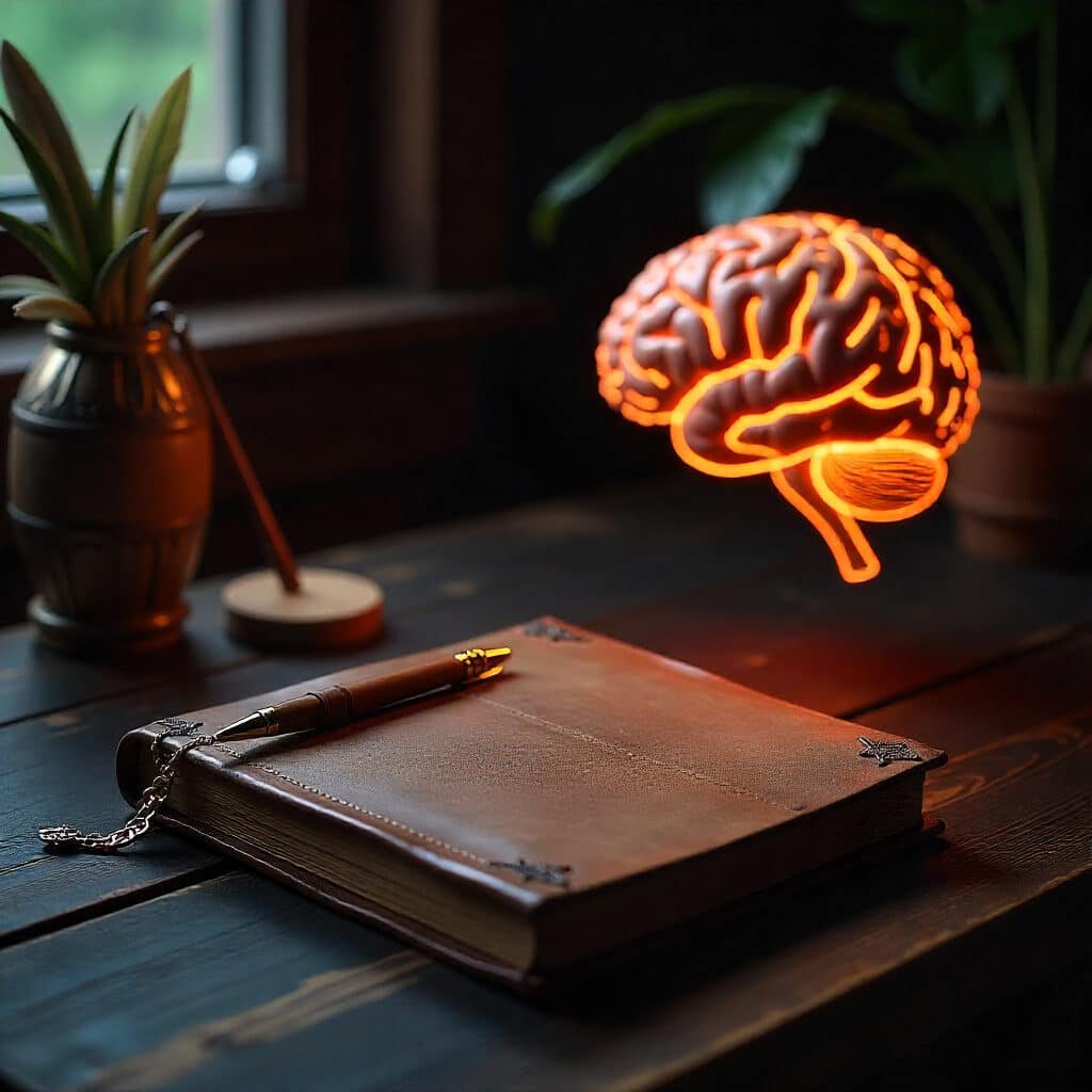 Un cerveau illuminé posé sur un bureau, symbolisant l'activité intellectuelle et la créativité
