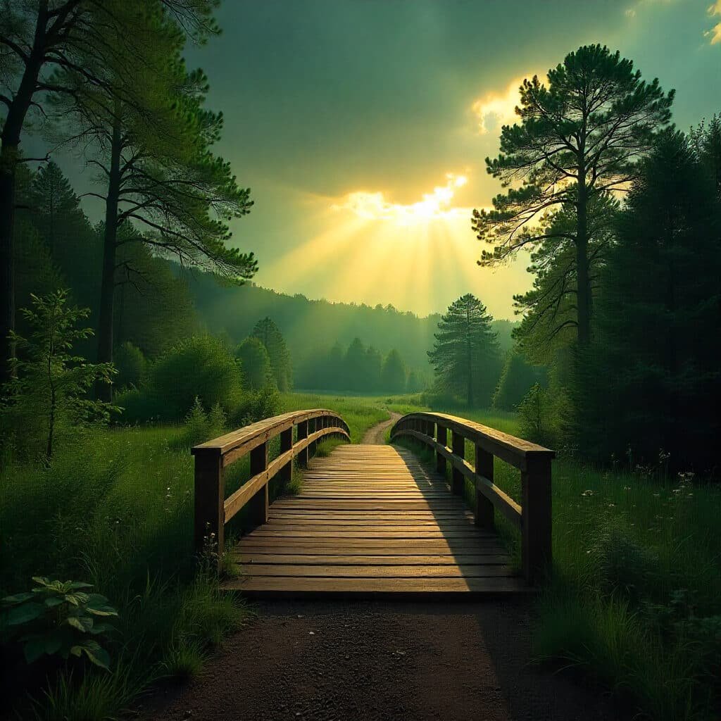 Un pont en bois mène à un champ verdoyant sous un ciel dégagé