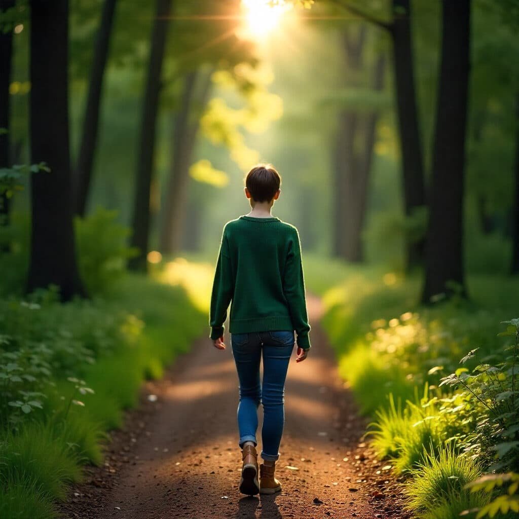 Une femme marchant sur un sentier dans les bois, entourée d'arbres verdoyants et de lumière naturelle