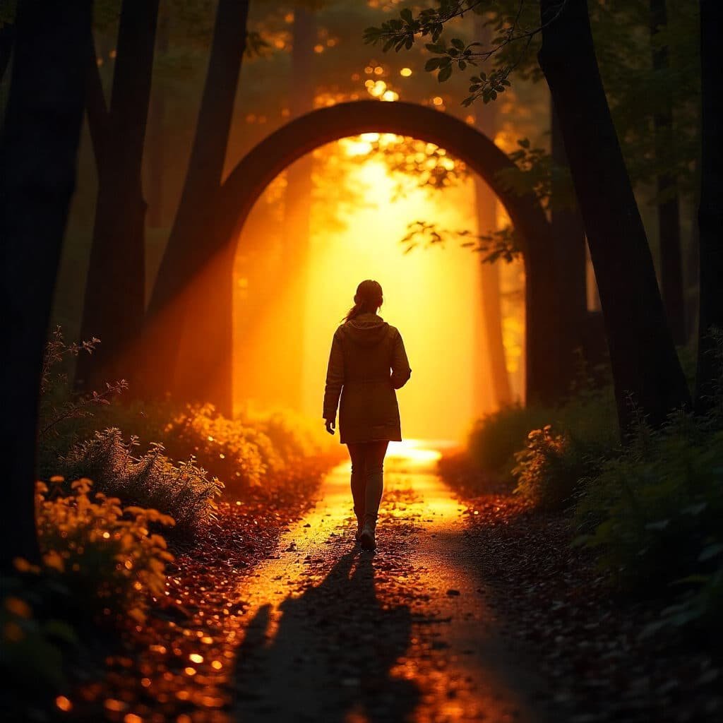 Une femme marche à travers une forêt au coucher du soleil, entourée d'arbres illuminés par la lumière dorée