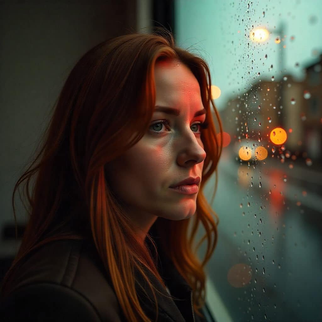 Une femme regarde par la fenêtre, observant la pluie tomber à l'extérieur
