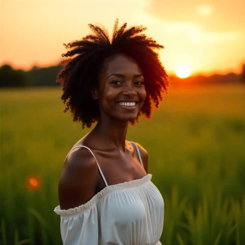Une femme souriante dans un champ au coucher du soleil, entourée de lumière dorée et de nature paisible