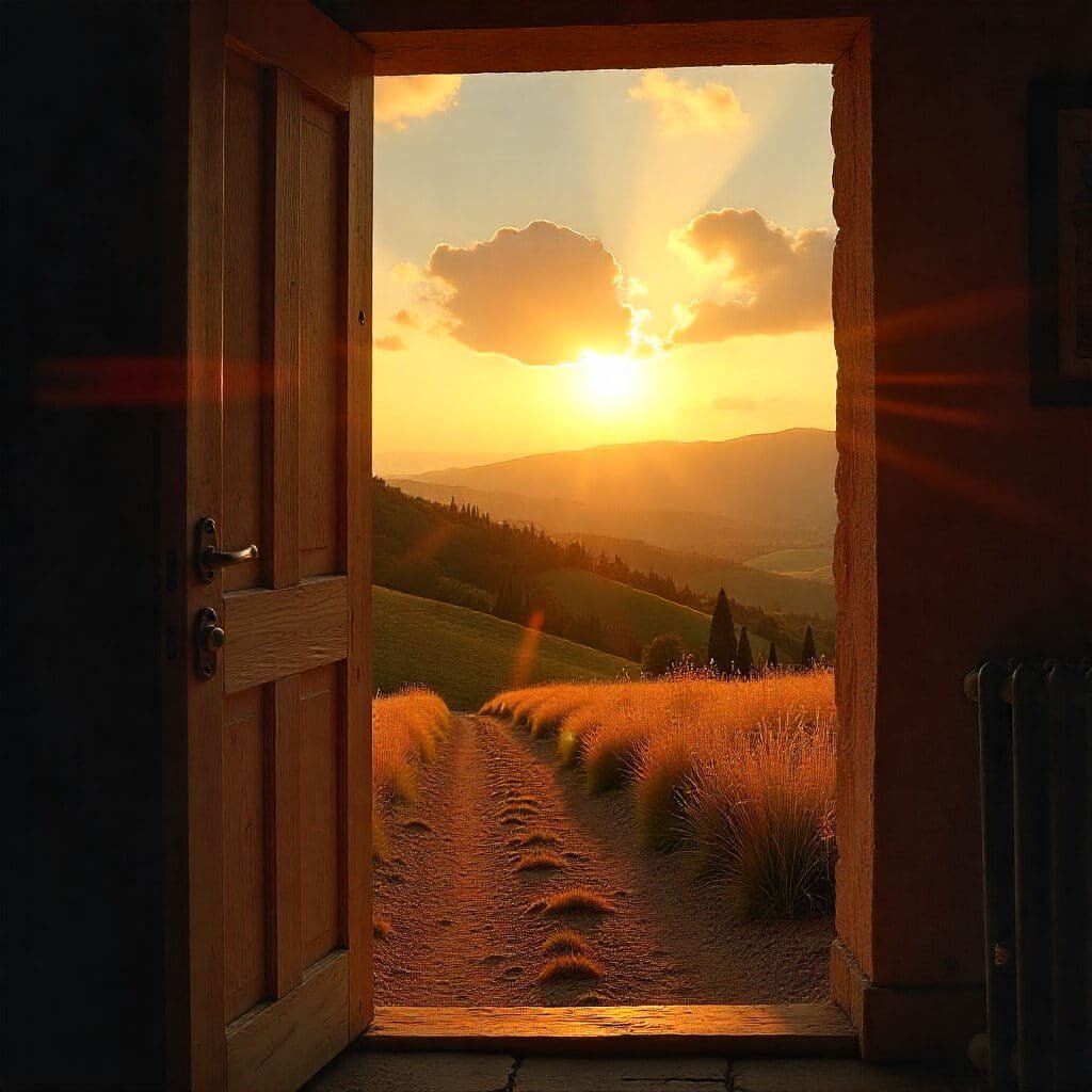 Une porte s'ouvre sur un champ, illuminé par un coucher de soleil vibrant à l'arrière plan